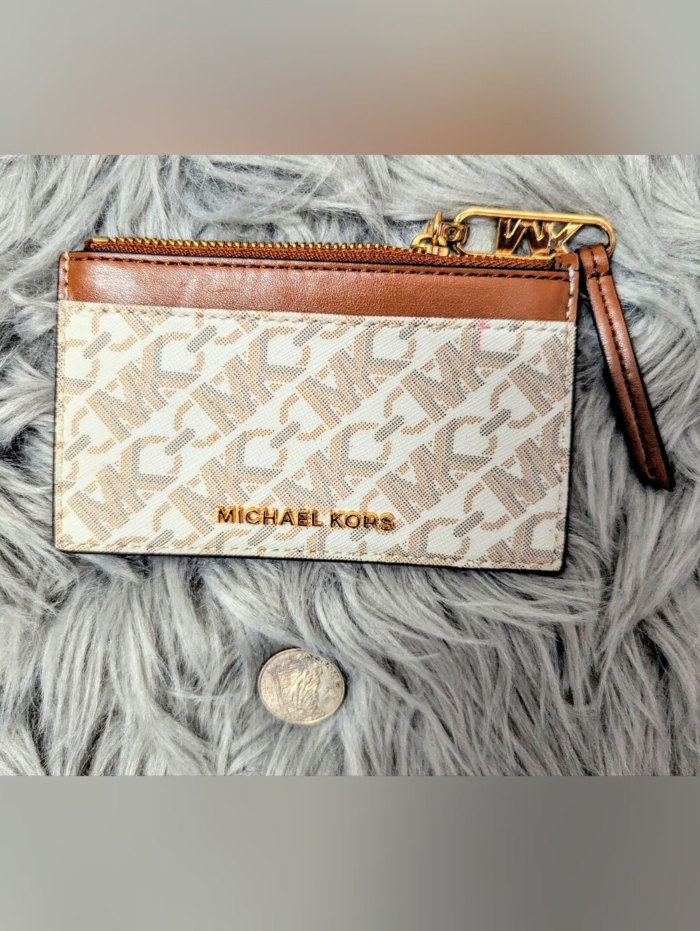 Michael Kors Beige and Brown Logo Zip Card Pouch